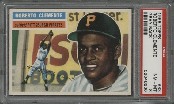 1956 Topps #33 Roberto Clemente, Gray Back - PSA NM-MT 8